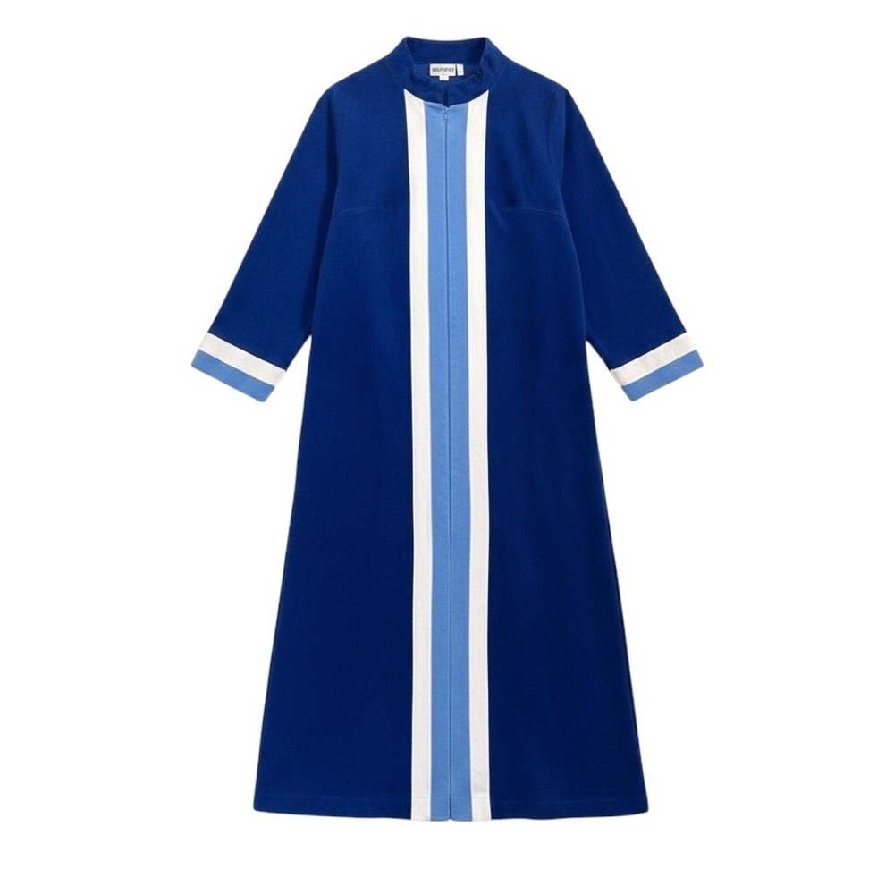 Vintage Vanity Fair Velour Robe Blue Racing Stripe Zip Front Housecoat Womens 12